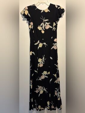Christy Dawn Black with Yellow Pink Floral Pattern Flutter Sleeve Maxi Dress S